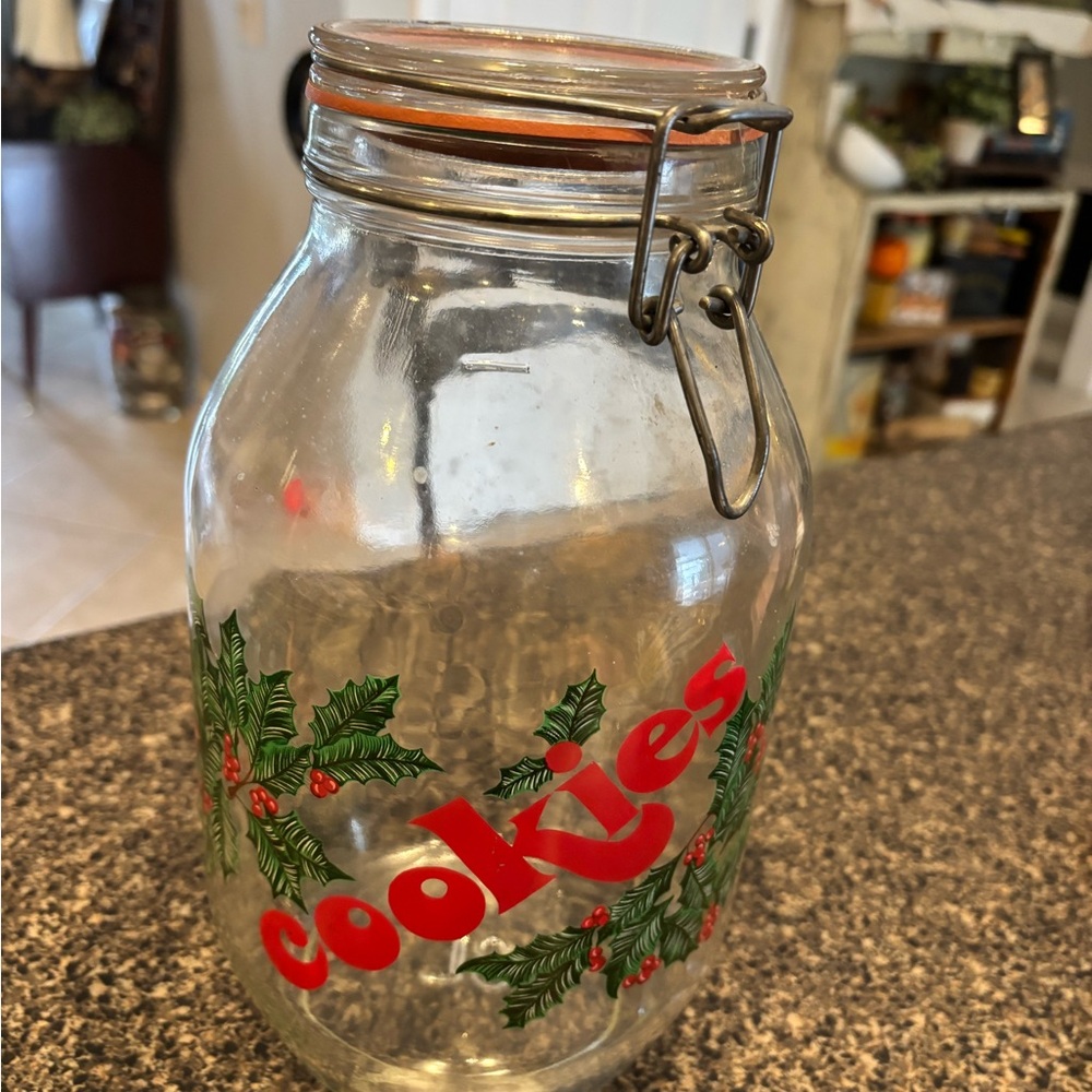 Christmas Cookie Jar Hinged Swing Top Lid Holly Berry Design 10.75" tall - EUC